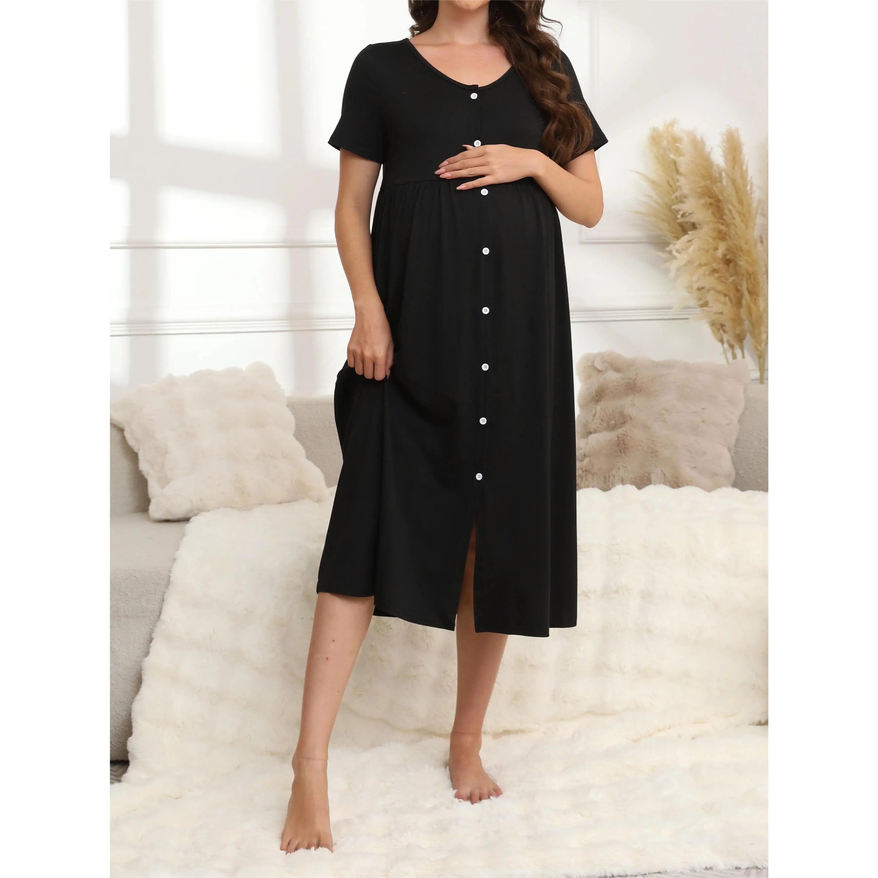 Women's Modest Poly-Cotton Blend Plain Solid Short Sleeve Bodycon Wrap Snug Bodyfit Black Maternity Single Dress - Comfortable, Versatile for Pregnant Women, V Neck Cut