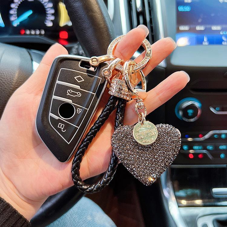 Full Rhinestone Clay Heart Keychain, Bling Love Heart Car Key Ring with Braided Leather Strap, Luxury Bag Charm Accessory for Women