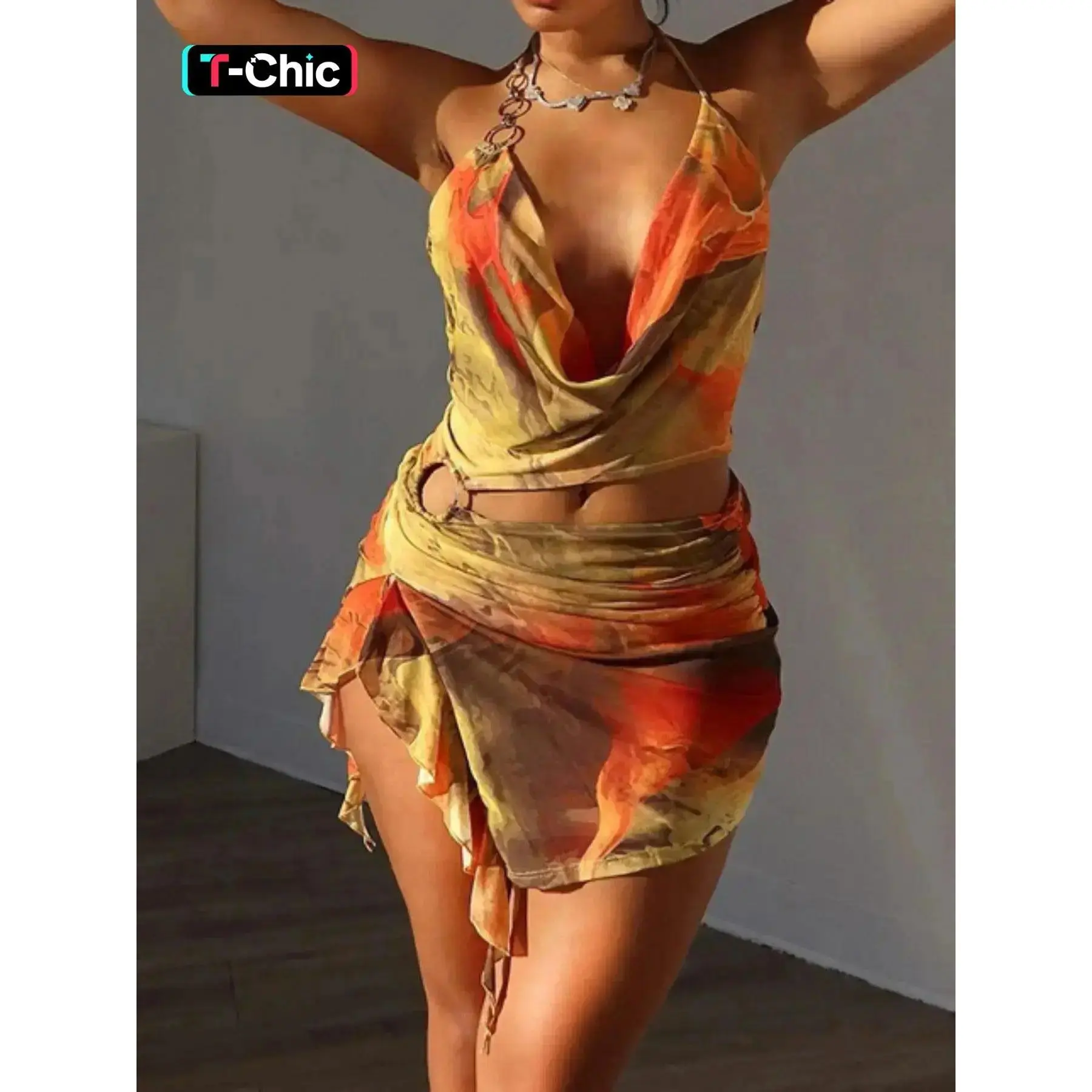 Women's All-Over Print Backless Cami Bodycon Dress, Fashion Style Halter Neck Dress with Draped Ring-Linked Detail and Ruffle Split-Thigh Hem for Summer, Perfect for Beach Holidays, Vacations and Party, Summer Dresses for Women Fabric