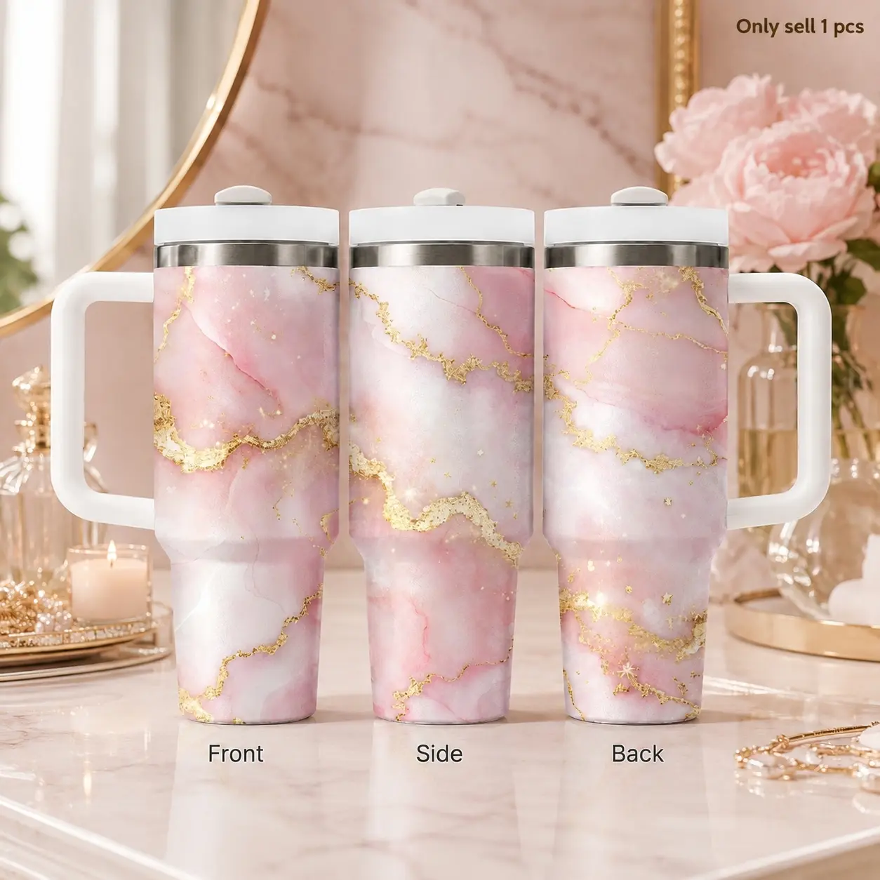 Pink Gold Marble Luxury Pattern Vacuum Flasks 40oz Stainless Steel Insulated Tumbler Cup with Handle & Straw Leakproof Travel Mug