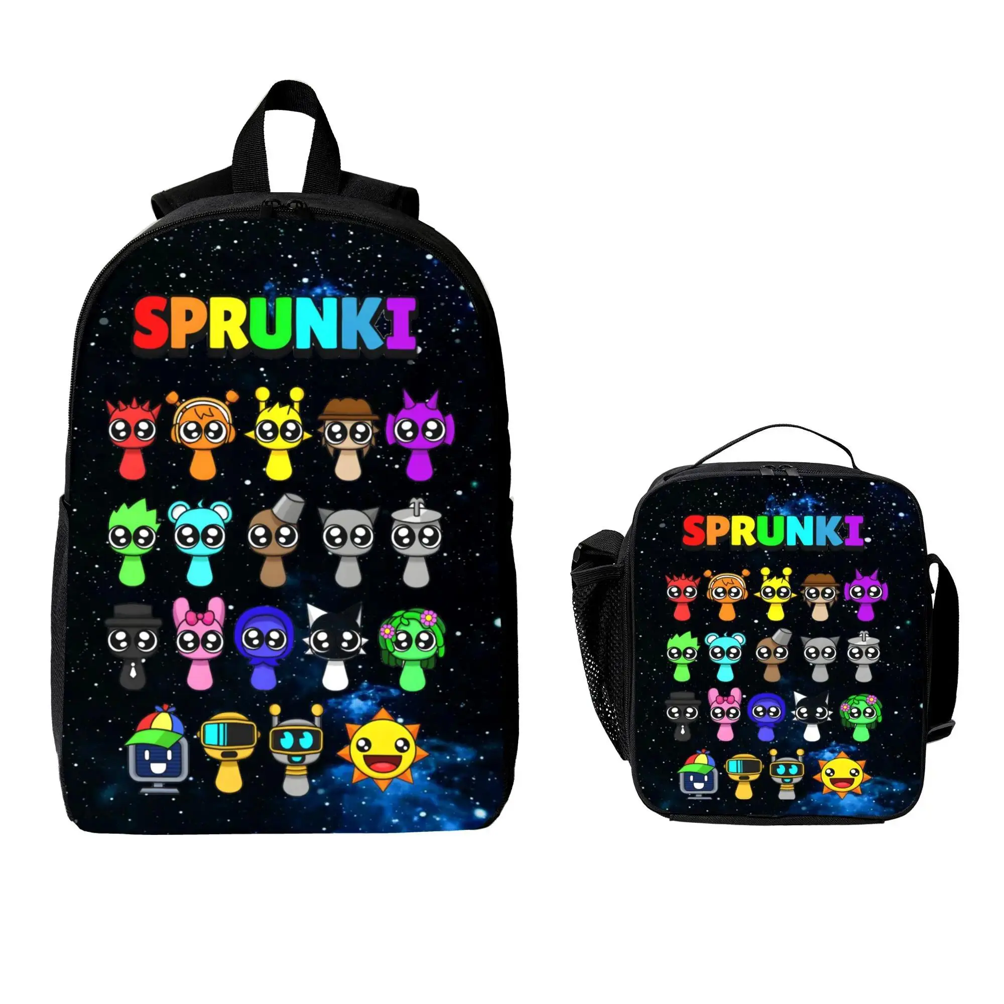 sprunki Cartoon Backpack Set With mesh bag  and cute Lunch Bag Backwoods Multifunctional Outdoor Backpack Large Capacity Lightweight Casual Backpack Lightweight Large-Capacity Polyester Backpack