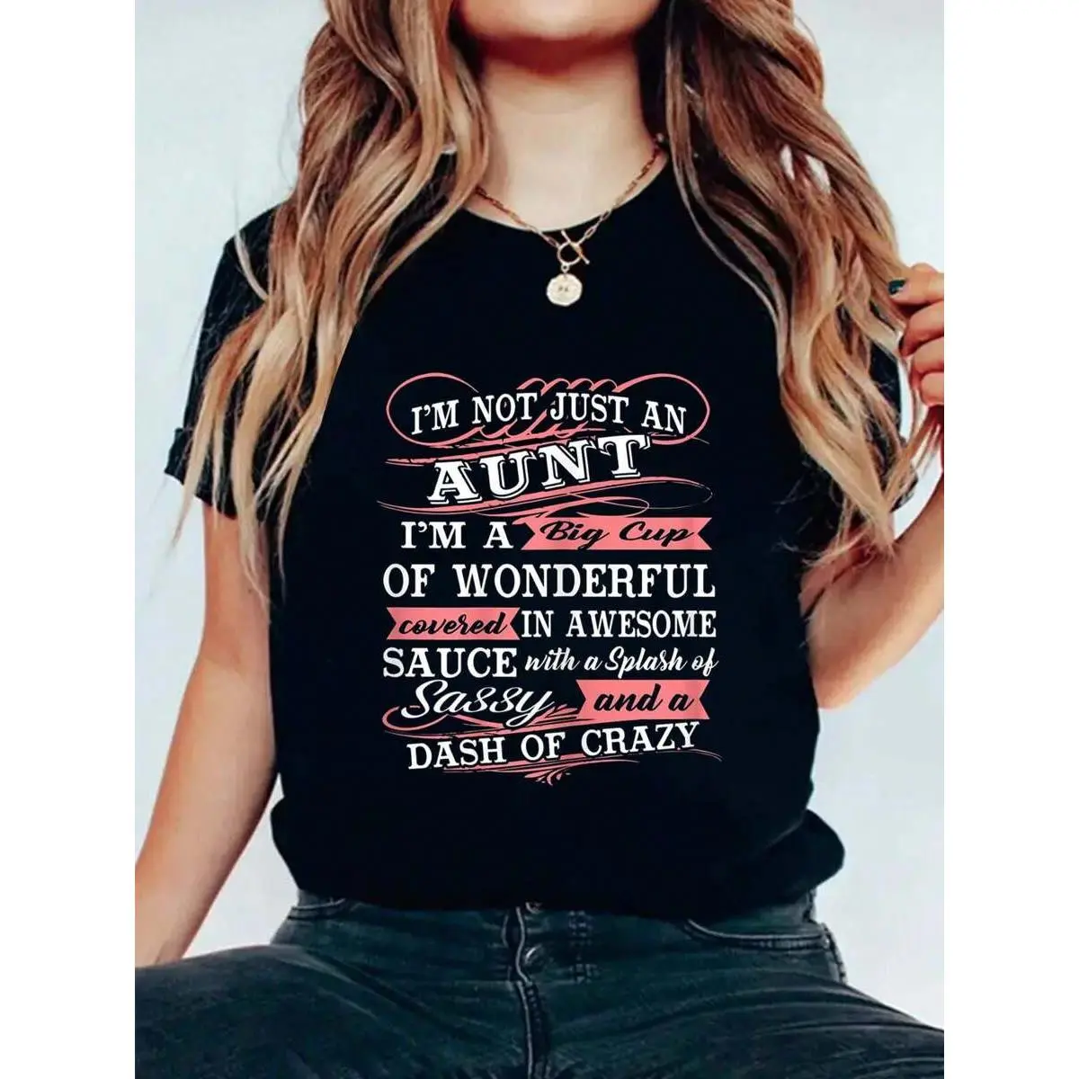 Aunt T-Shirt I'm A Big Cup Of Wonderful Funny Aunt Gift Tee Print Women's Round Neck Short Sleeve T-Shirt Fashion Graphic Tees Women Top