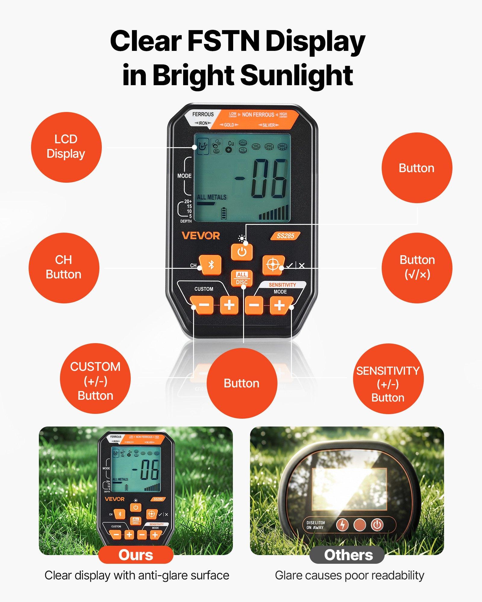 VEVOR Waterproof Metal Detector, 12", Professional High Accuracy Gold Detector for Adults, with Display, Wireless Headphones, 7 Modes, Adjustable Length, for Detecting Gold Treasure Hunting, IP68