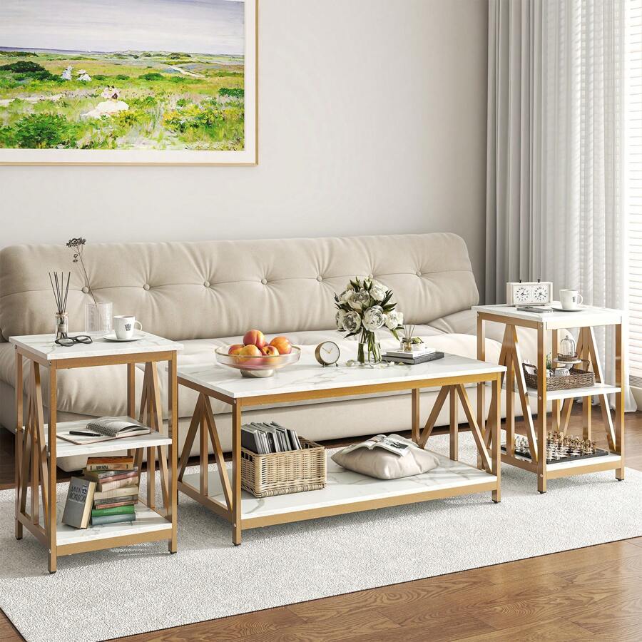 3-Piece Living Room Table Set, Industrial Coffee Table with 2 Square End Side Tables, Sturdy Metal Frame Accent Table Set for Apartment, Home & Office