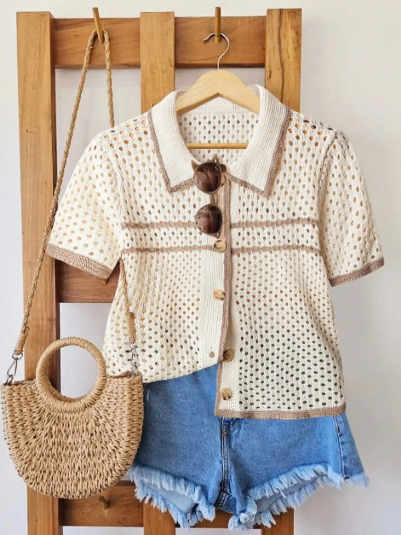 Plus Size Oversize Women's Colorblock Knitted Knit Sweater, Breathable Geometric Pattern Hollow Out Design, Spring & Summer Casual Fashion Knitwear, Colorblock Sweater Tops