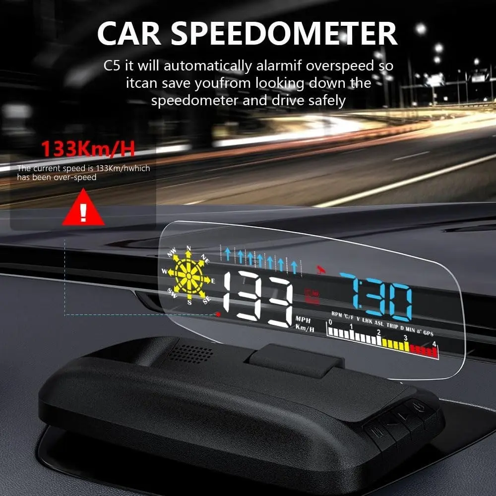 C5 Car Head-Up Display, Obd2+GPS Navigation Projector, LED Digital Speedometer, Shows Vehicle Speed, Fuel Consumption, Error Codes