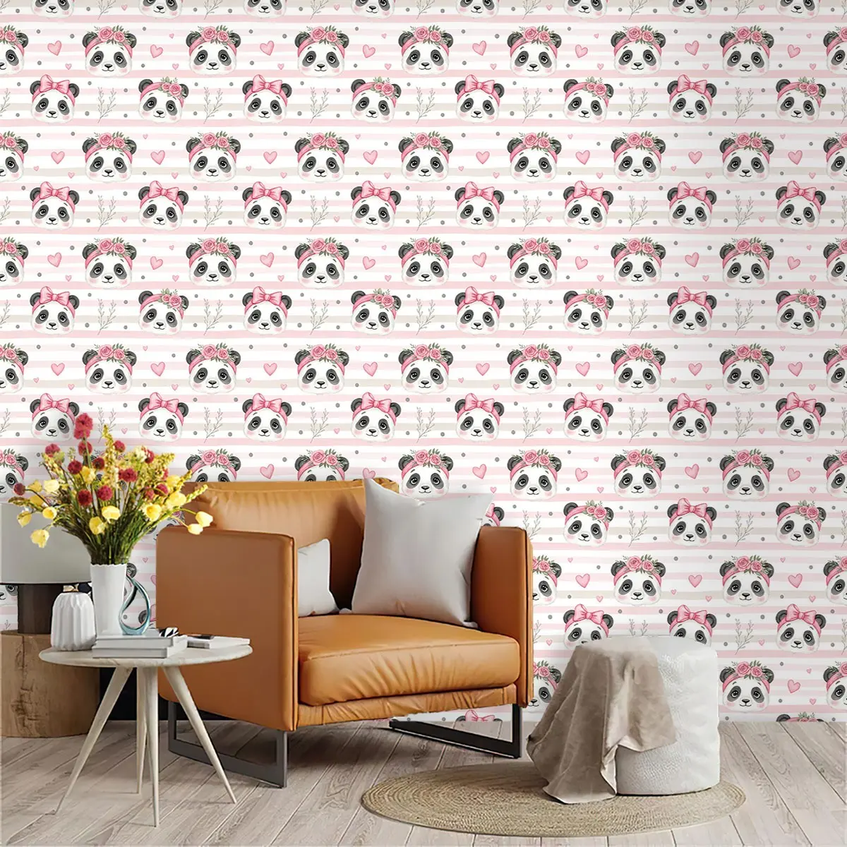 Cute Panda Wallpaper Roll, Light & Stripes, PVC Material, Peel-And-Stick, Mould-Proof, Ideal for Living Room, Kitchen, Bedroom