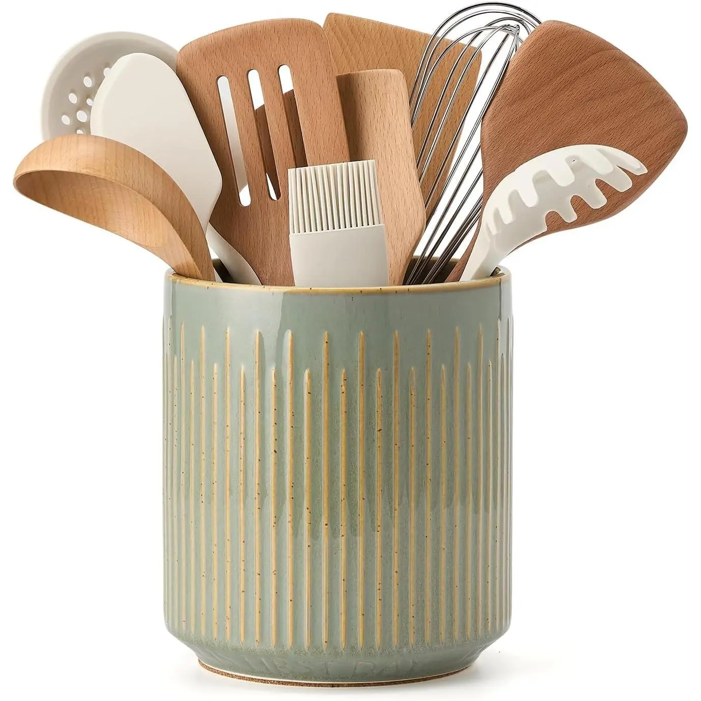 Kitchen Utensil Holder, Ceramic Stable Utensil Crock for Countertop, 7.2" Large Utensil Organizer with Cork Mat, Removable Bamboo Divider for Kitchen Décor and Accessories, Wild Sage Earth