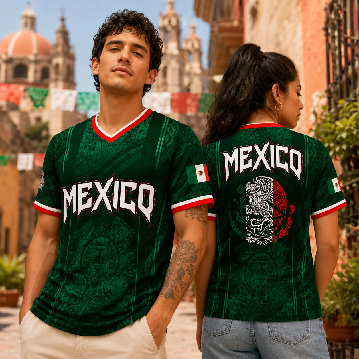 Men's 2026 Mexico-Inspired Sporty Chic V-Neck Soccer Shirt, Red-Green Aztec Calendar Eagle All-Over Print, Lightweight Breathable Athletic Top, Sports Clothing Football Jersey, Casual Wear