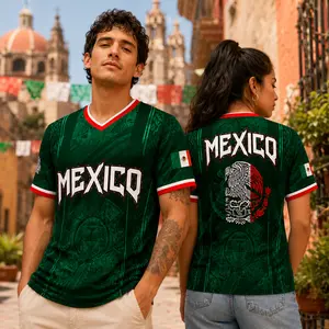 2026 Mexico-Inspired T-Shirt for Men, Red Green Aztec Calendar Eagle Graphic V-Neck Football Shirt, All Over Print Breathable Sports Top