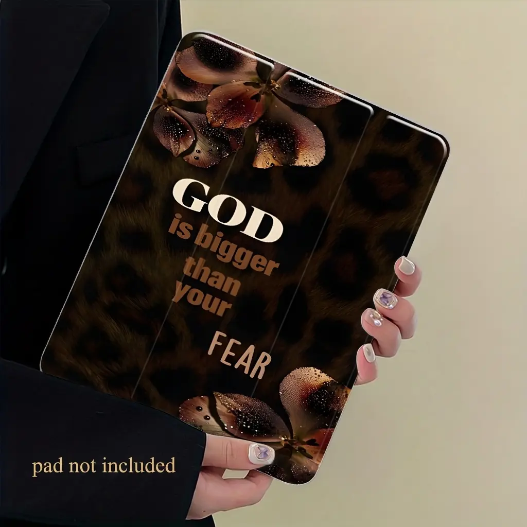 God is Bigger Than Fear Leopard Design Three-Tier Stand iPad Case,Tablet Protective Cover,Tablet Casing,Transparent Acrylic Back,Pencil Slot & Charger Port,Fits iPad 7.9/10.2/12.9 inch,Shock-resistant Full Cover Offices Schools Homes (Case Only)