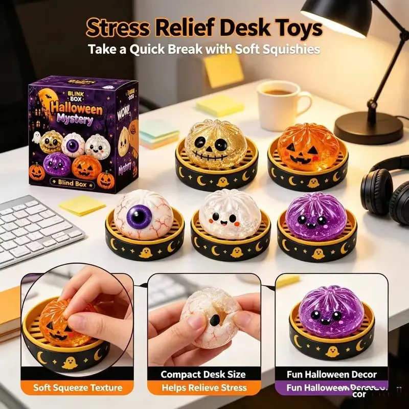 Halloween Mystery Blind Box Squishy Toy Set of 5, Soft Glitter Pumpkin Ghost Eyeball Squeeze Fidget Toys, Stress Relief Sensory Toy, Halloween Party Favors Gift for Kids