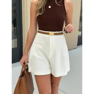 Women's Solid Color Fold Pleated Loose Casual Versatile Fashion Pocket Shorts Womenswear, mooth Woven Fabric & Tailored Pleats & Side Pockets & Belt Loops, Bottoms, Holiday Wear, Classy, All Seasons, Stretchy