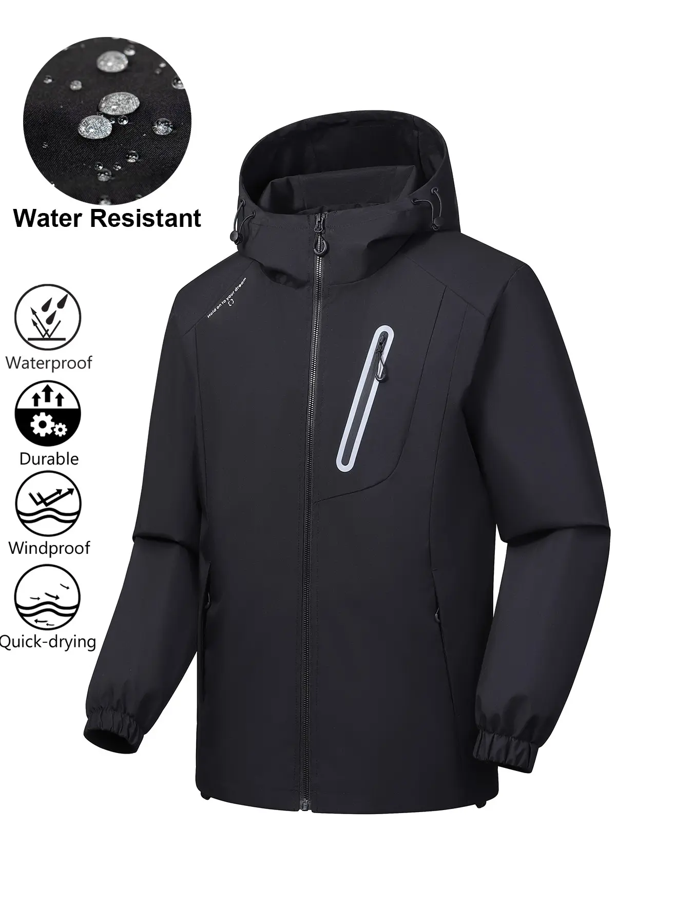 Men’s Waterproof Breathable Hooded Rain Jacket, Windproof Quick‑Dry Outdoor Hiking Coat with Reflective Zip Chest Pocket & Secure Side Pockets, Adjustable Drawstring Hood & Hem, Casual Outerwear, Athletic Outerwear