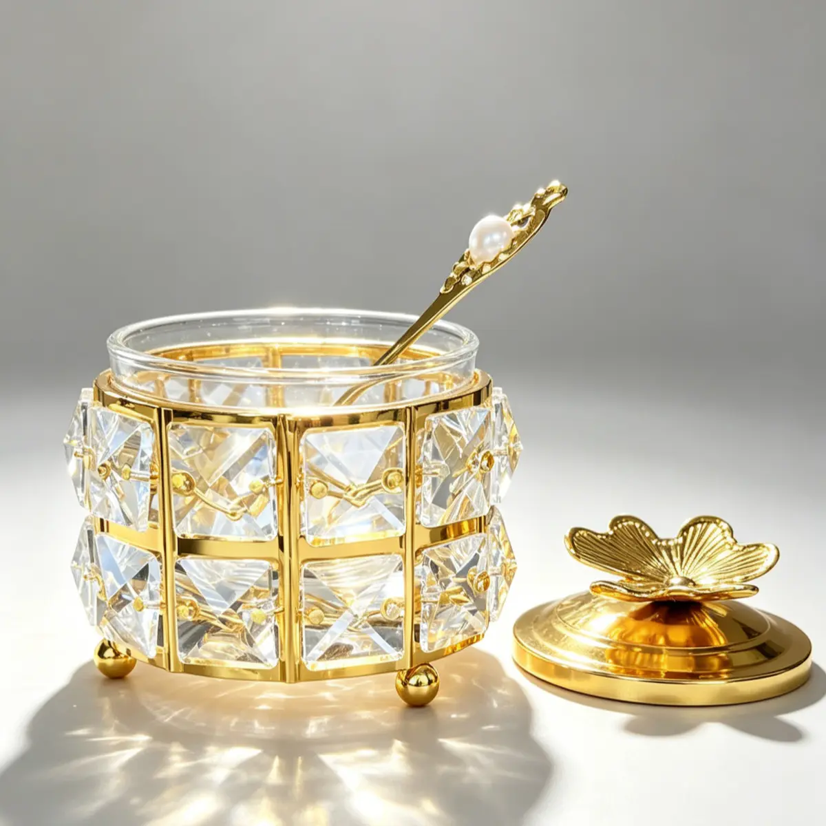 Luxury Round Crystal Sugar Bowl Canister, Butterfly Lid & Pearl Spoon, Metal Frame, Glass, Kitchen Decor, Coffee Bar, Home, Afternoon Tea, Tabletop, Kitchen Storage Jar