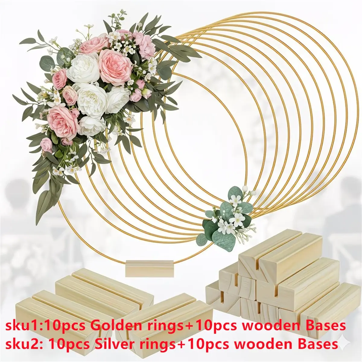 10pcs 30cm Metal Wreaths + 10pcs Wooden Bases, Wedding Centerpiece Decor, DIY Table Decor, Home & Room Decoration, Scene Decor, Decorations Set