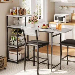 3 Piece Expandable Bar Table Set for 2, Industrial Drop Leaf Pub Table with Storage Shelves & Wine Rack, Space-Saving Kitchen Dining Set with 2 Stools for Apartment, Living Room