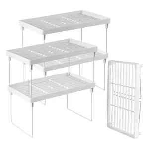 4 Pack Stackable Plastic Kitchen Shelf, White Expandable Cabinet Organizer, Foldable Storage Rack for Counter and Pantry