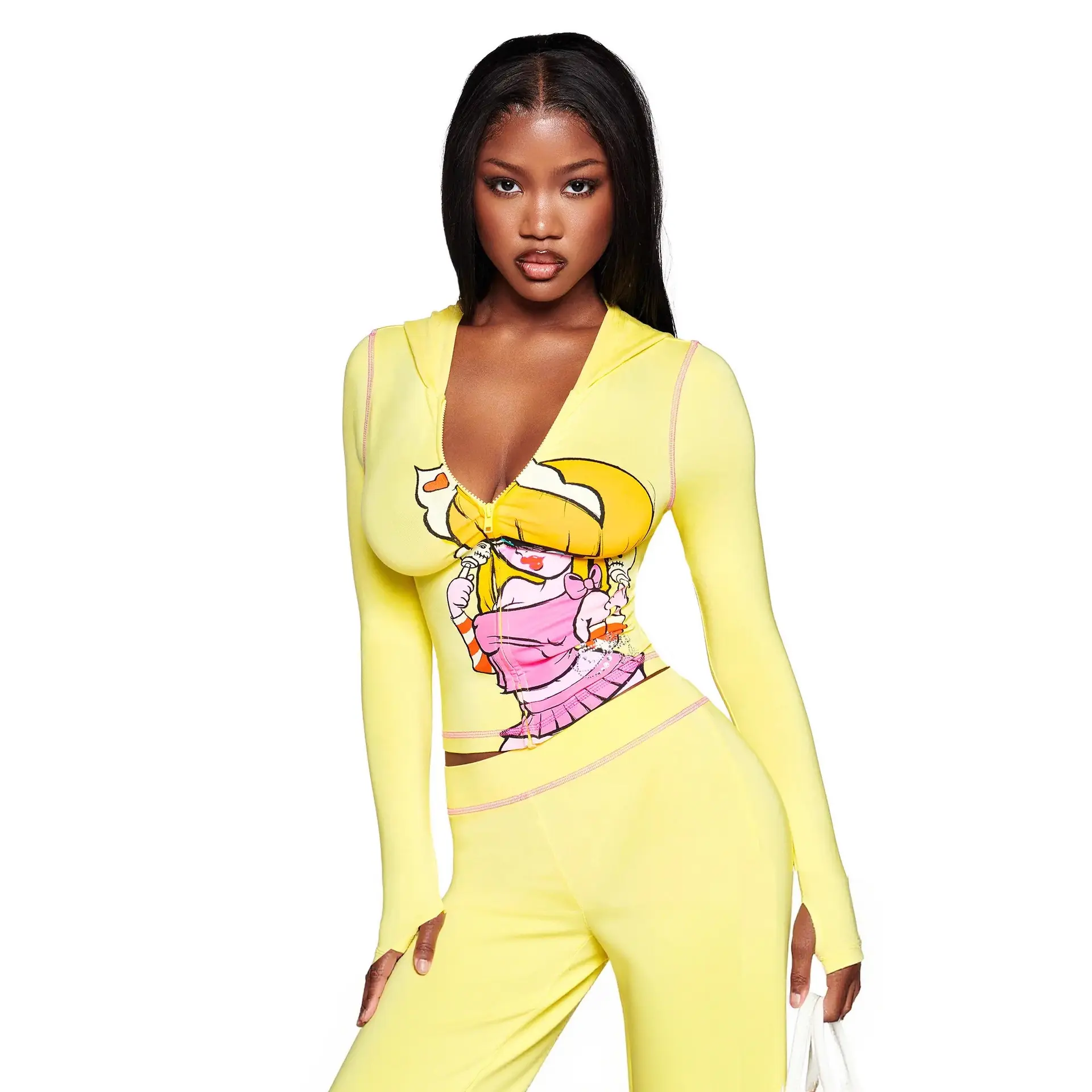 2026 Ins Viral Women 2 Piece Tracksuit Set, Cartoon Print Zip Up Hoodie Jacket + Low Waist Long Sweatpants, Casual Loose Sports Matching Outfit, Y2K Streetwear Jogger Suit for Daily Shopping Vacation