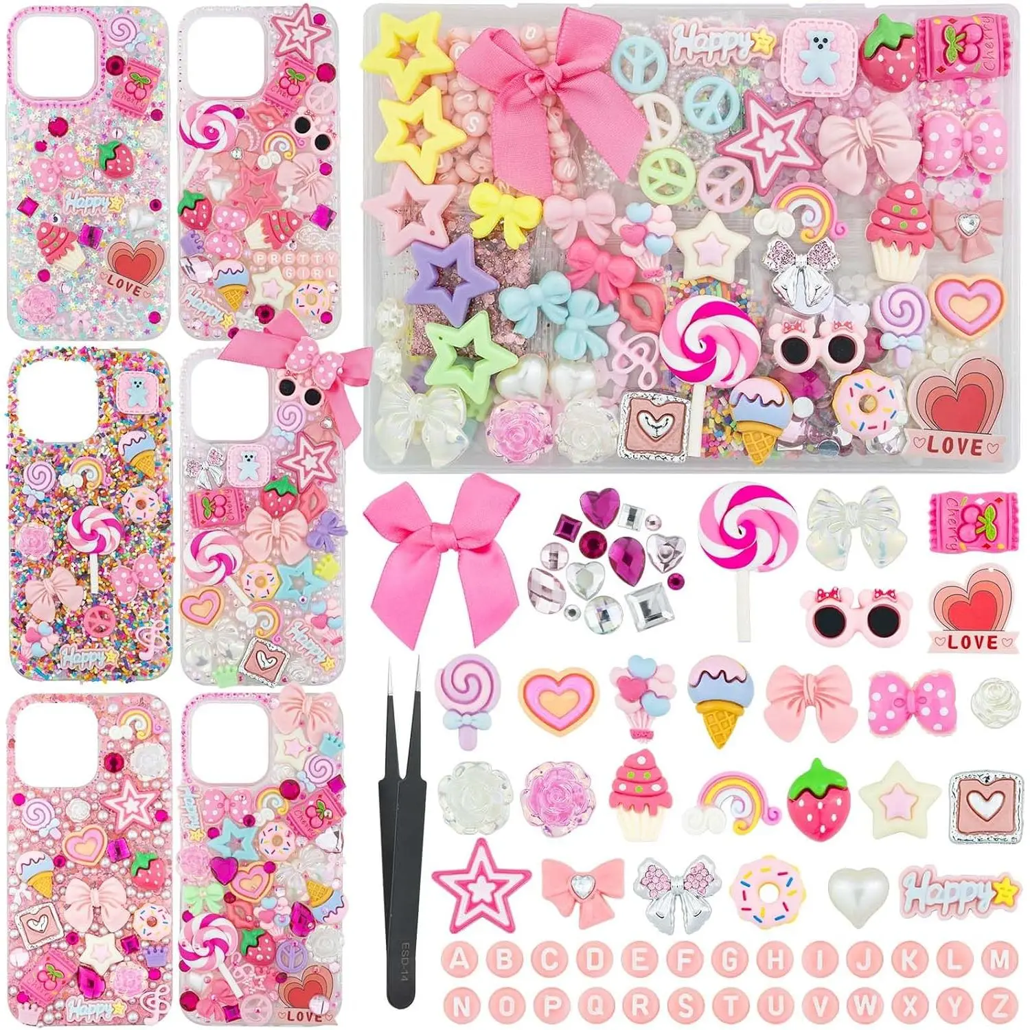 DoDoBeads 1430 Pcs Junk Phone Case Decoration Kit, Charms for Customizing Cases, Kawaii Bow, Letter Beads, Nail Accessories, Flatback Pearls, Rhinestones, Cute Aesthetic Decor for Personalization