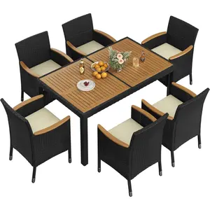 7 Piece Patio Furniture Set, Outdoor Dining Acacia Wood Table Top Rattan Conversation Set with Soft Cushions, 6 Chairs & 1 Table for Backyard, Deck, Garden & Yard, Black/Beige