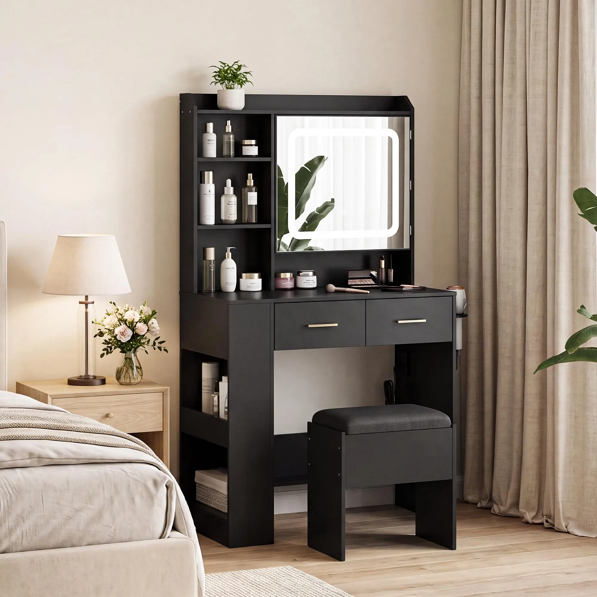 Black Makeup Vanity Desk with Charging Station, LED Mirror, and Stool