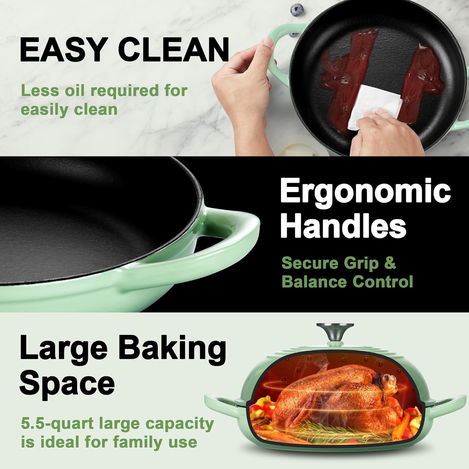 Dutch Oven for Bread Baking, 5.5 Quart Enameled Cast Iron Bread Oven with Lid, Round Bread Pan for Homemade Sourdough Baking, Easy to Clean & Dome Lid, Pistachio Green