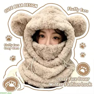 Balaclava Fleece Bear Fur Ski Mask for Women 3-In-1 Windproof Adjustable Polyester Solid Hat Scarf Thermal Face Cover, Cold Weather Head Gear for Skiing Snowmobiling Hiking Walking Daily Winter Use In Off White Brown Gray