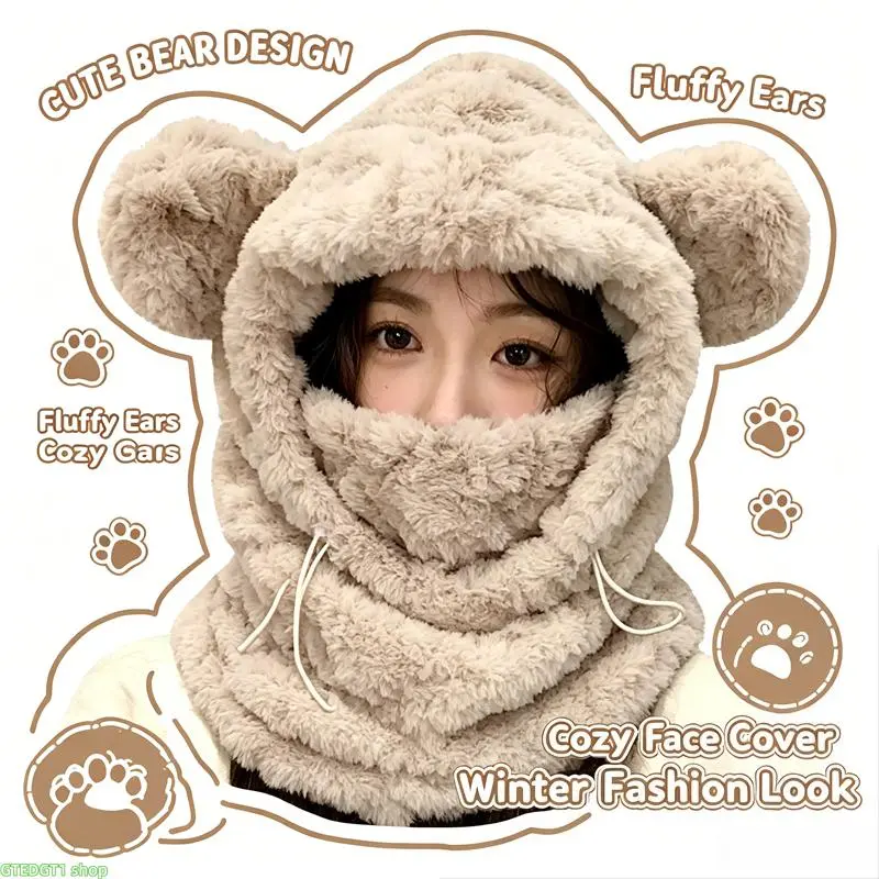 Balaclava Fleece Bear Fur Ski Mask for Women 3-In-1 Windproof Adjustable Polyester Solid Hat Scarf Thermal Face Cover, Cold Weather Head Gear for Skiing Snowmobiling Hiking Walking Daily Winter Use In Off White Brown Gray