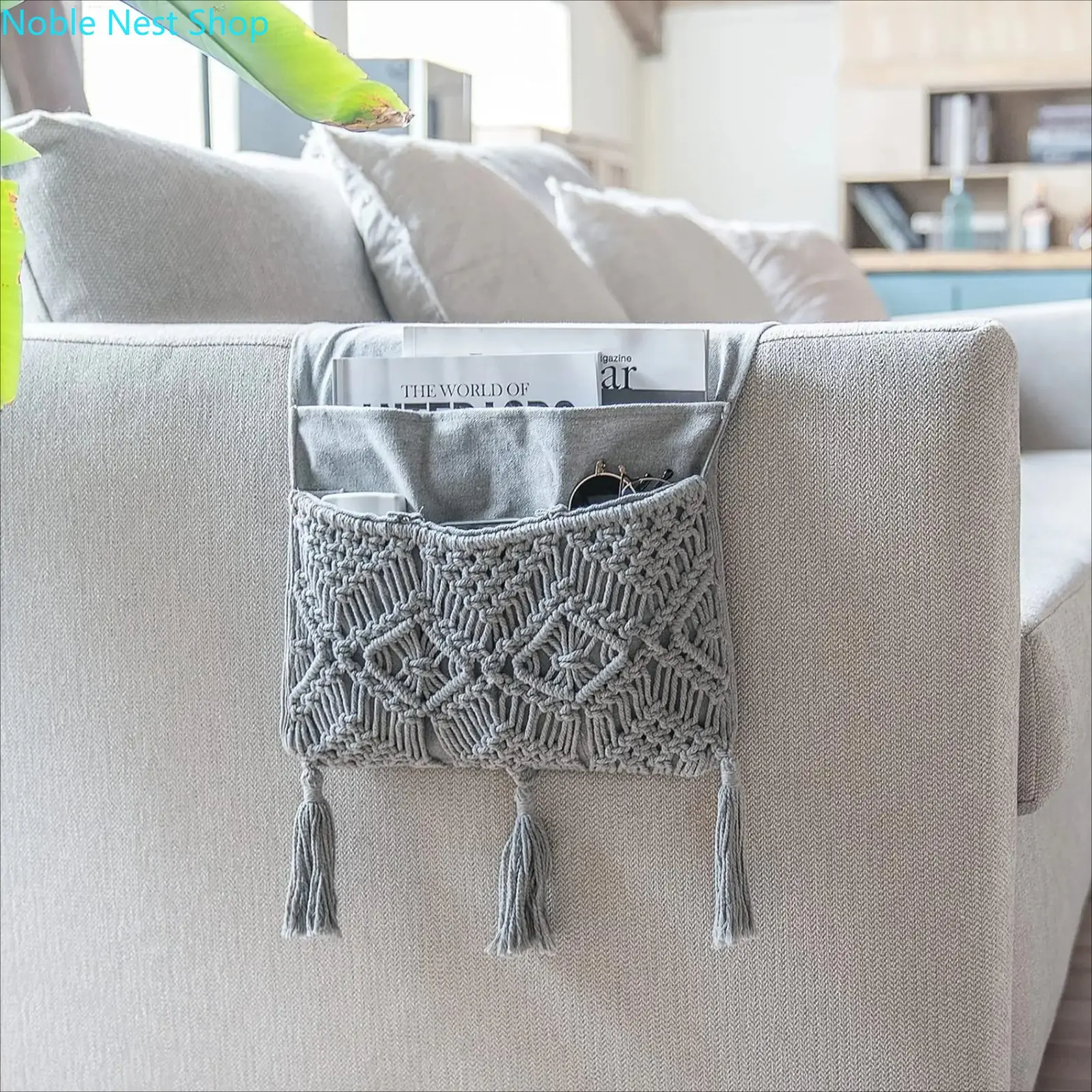1 Pack Boho Macrame Sofa Armrest Storage Caddy, Multi Pocket Hanging Organizer for Remote Control Phone Books, Versatile Holder for Couch Side & Bedroom Bedside