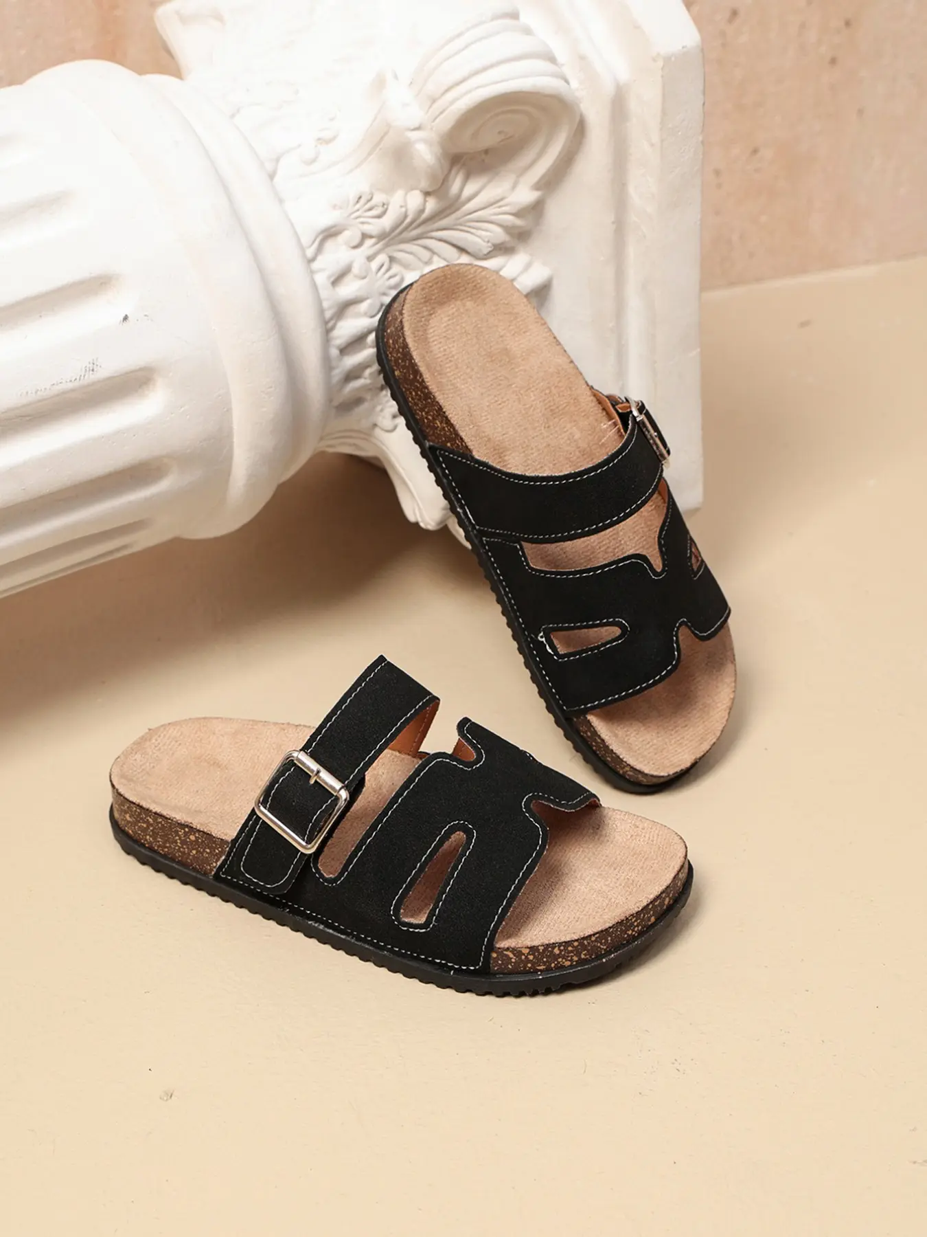 Women's Suedette Cork Sole Slide Sandals, Adjustable Buckle Flat Summer Casual Slides