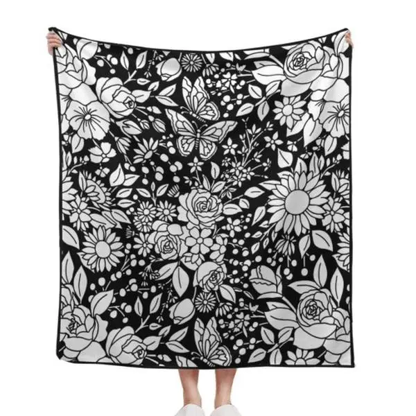 Black Background White Line Art Floral Butterfly Seamless Pattern Flannel Throw Blanket Minimal Boho Rose Sunflower Wildflower Botanical Insect Home Decor Comfort Modern Monochrome Garden Lover Gift 30*40in 40*50in 50*60in Hand Knitted Chunky Chenille
