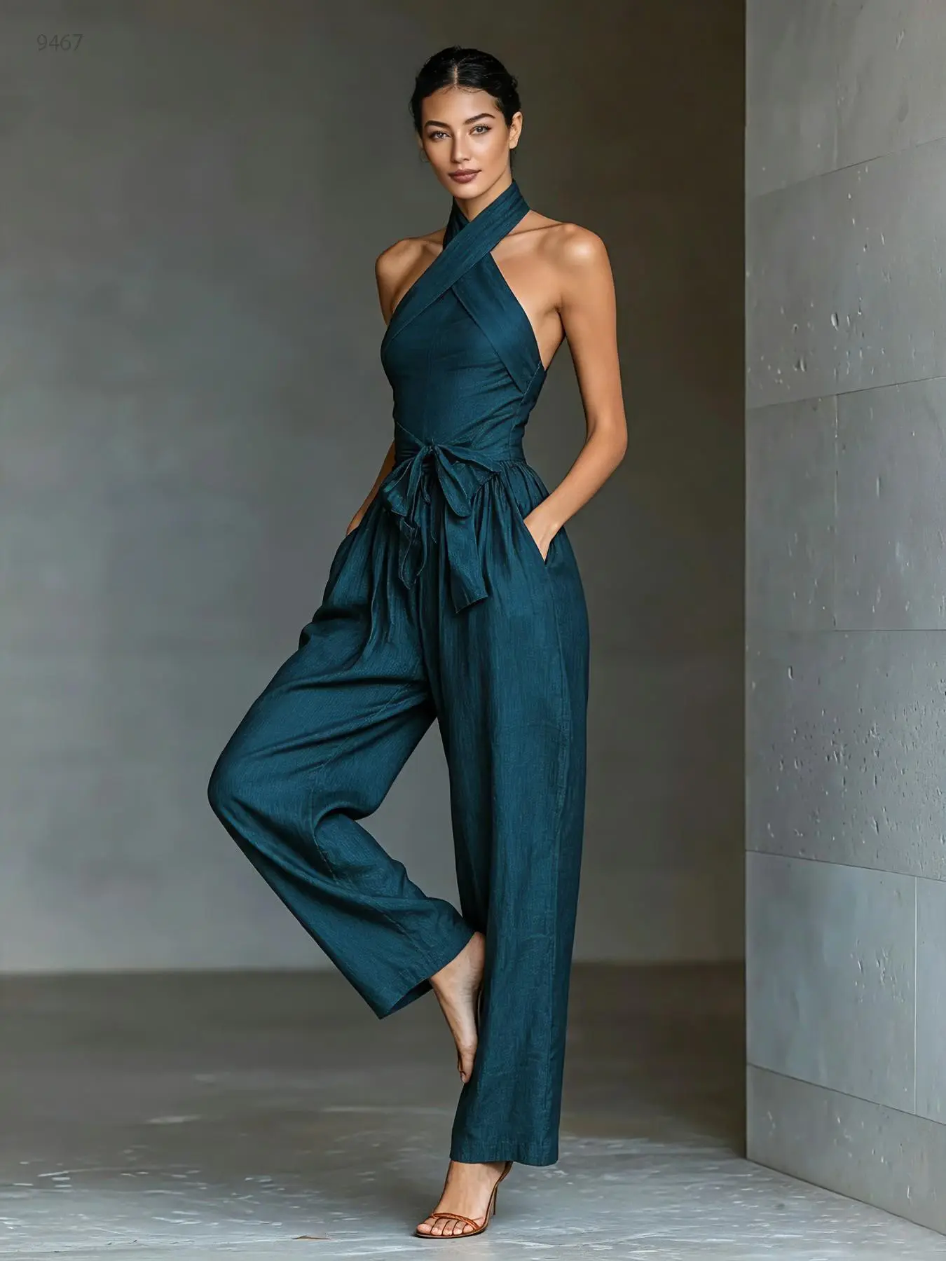 T9467 Viral Quiet Luxury Athleisure One-Piece, Stylish Cross Halter Neck Soft Life Fit, Belted Waist Wide Leg With Pockets, Trendy Matching Outfit for Summer Date & Resort.