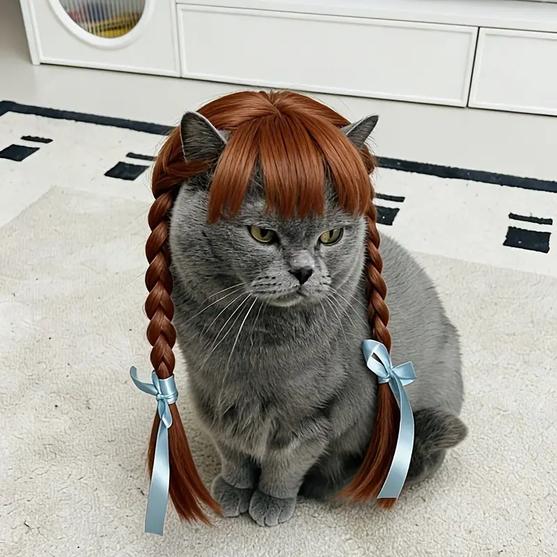Cute Cat Twin Buns Wig Headband, Soft Adorable Braided Hair Accessory, Fun Pet Photo Props, Animal Costume Decoration