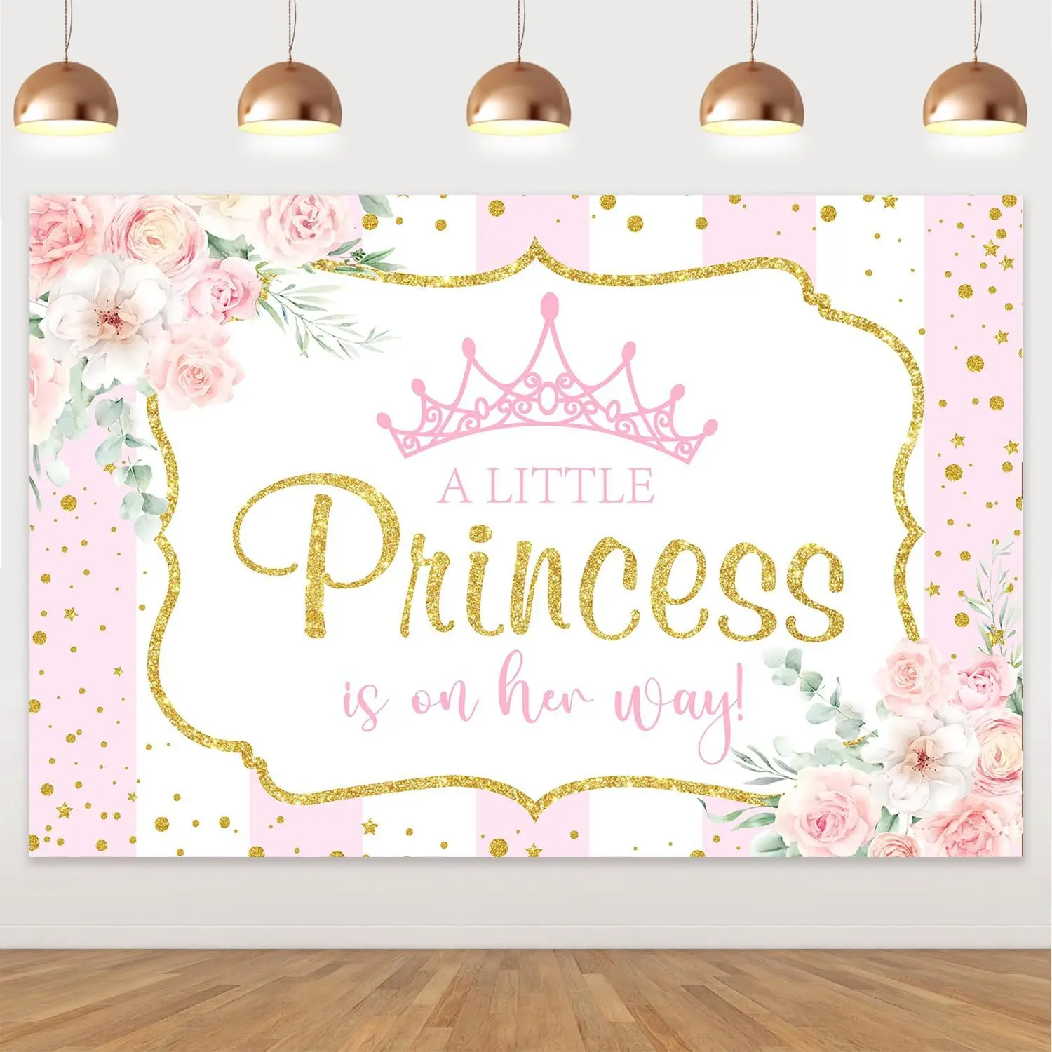 1Set Princess Baby Shower Backdrop a Little Princess is on Her Way Photography Background Pink Floral Gold Crown Backdrop Castle Backdrop Banner for Girls Baby Shower Decor Supplies 5x3ft