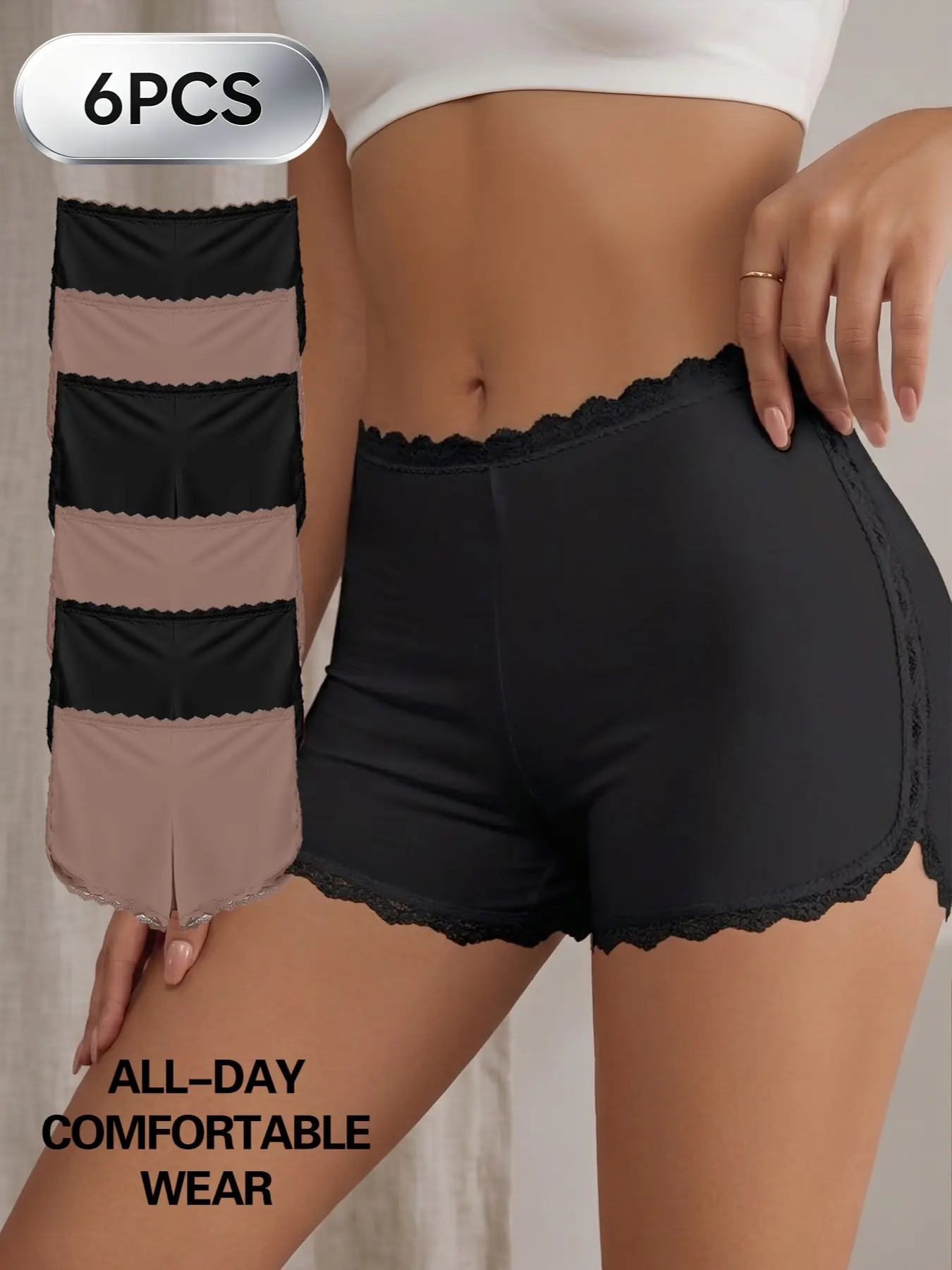 6pcs Ultra Soft Breathable Women's Boxer Briefs Underwear, Smooth Lace Trim, Side Slit, Ideal for Yoga, Light Exercise, Daily Wear