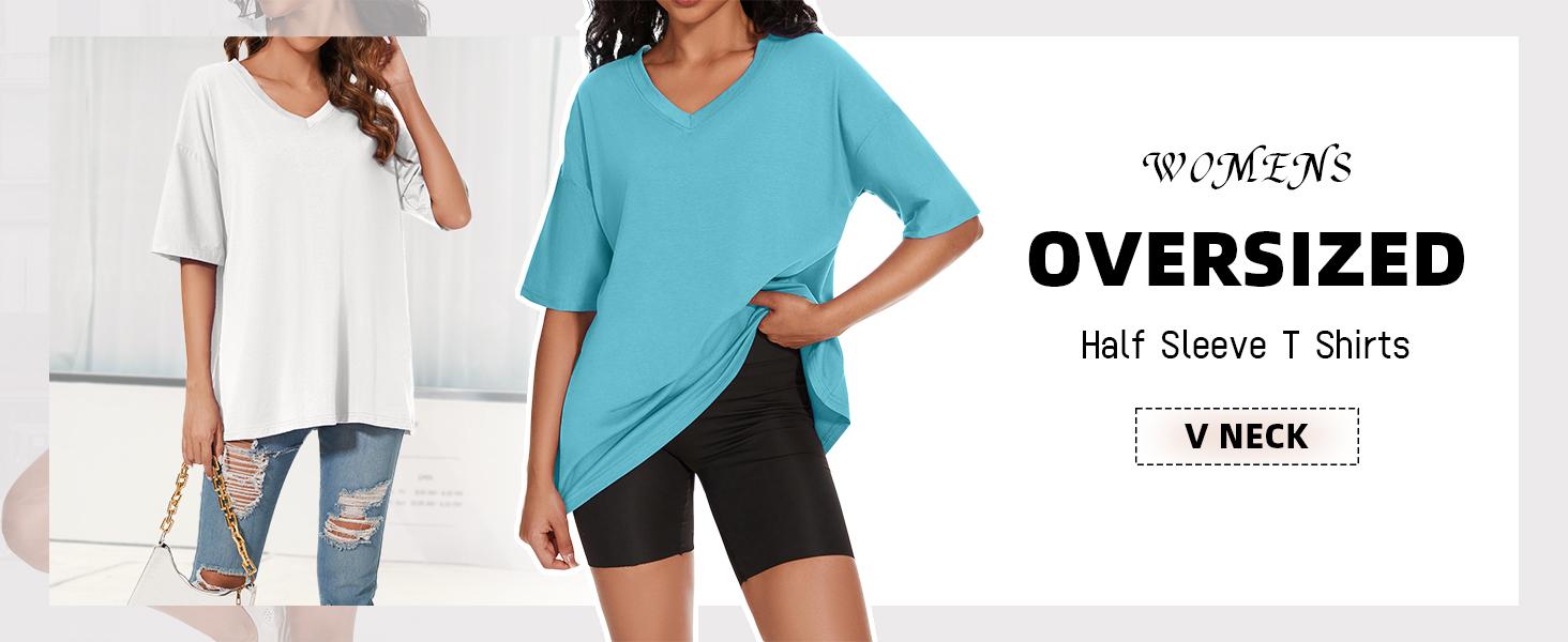 Women's T Shirts Oversized V Neck Striped Tees Half Sleeve Casual Comfy Cozy Cotton Tunic Tops Summer clothes
