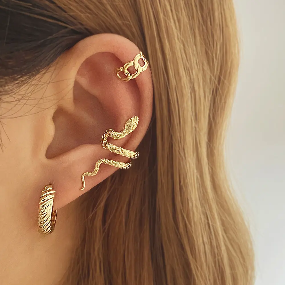 Women's Gold Snake Ear Cuff Set - Hollow Cuban Link Cartilage Earrings, Textured Serpent Wrap Conch Clips, Fake Piercing Nylon Jewelry, Gifts for Women