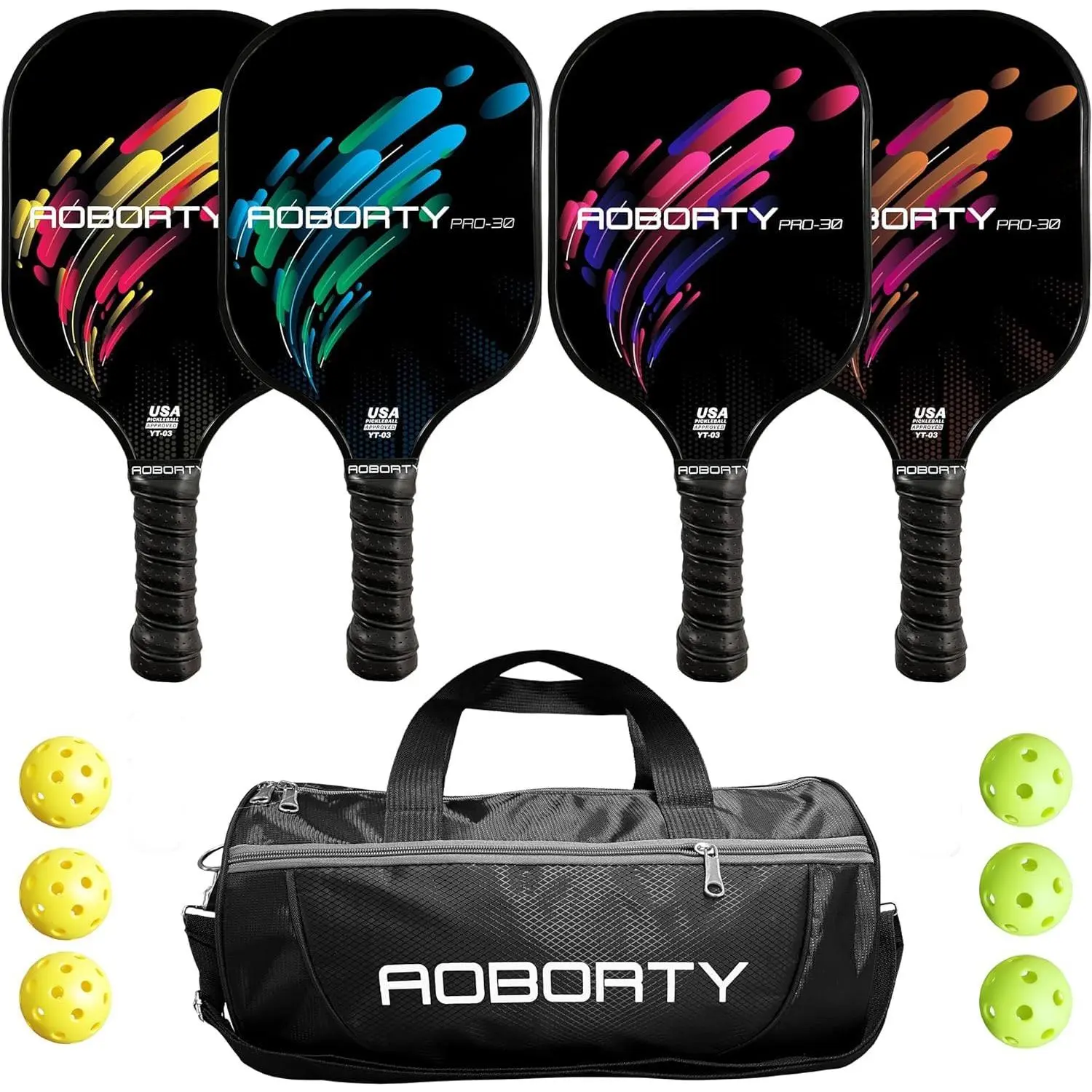 Pickleball Paddles 4 Pack - USAPA Light Graphite Premium Rackets Fiber Face & Polymer Honeycomb Core Pickleball Set with 4 Outdoor Indoor Balls Including Portable Carry Bag