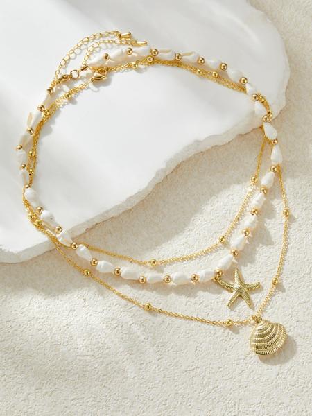 Seashell Starfish Necklace for Women Conch Shell Summer Pearl Beach 14k Gold Layered Dainty Choker
