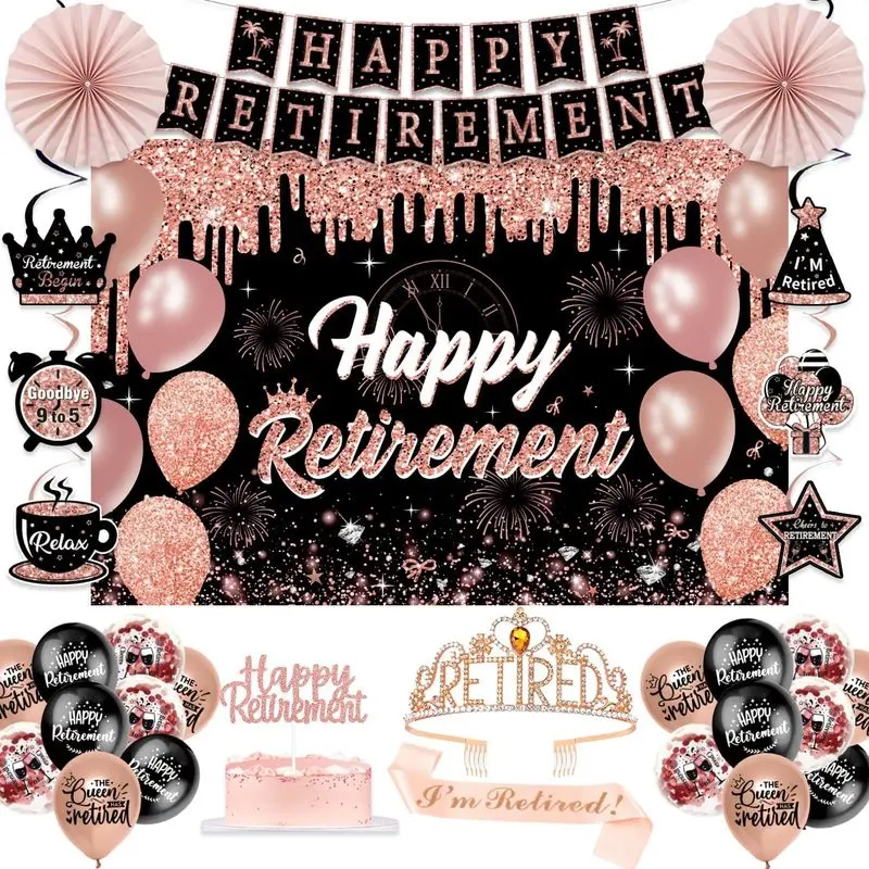 Retirement Party Decorations for Women, Pre-Assembled Rose Gold Black Set. |   47Pcs Set.Retired Crown&Sash, Pre-Assembled Banner Swirls&Cake Topper,Happy Retirement Backdrop,18 Balloons,Paper Fans