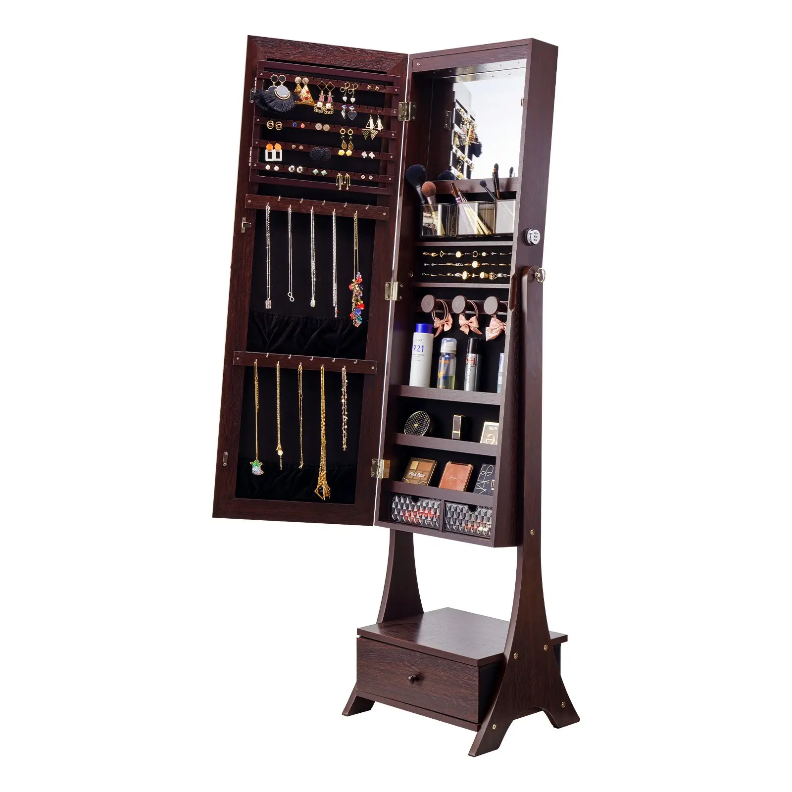 Mirror Jewelry Cabinet, Standing Mirror with Storage, Lockable Jewelry Mirror Organizer with Full Length Mirror, Velvet Lining, Interior LED Light, Drawer, Freestanding Jewelry Armoire, Brown
