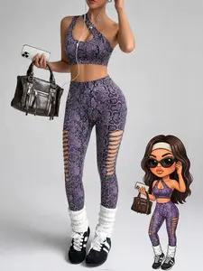 Summer Leopard Print Yoga Set, One Shoulder Asymmetric Bra, Ripped Long Pants, Seamless Sportswear, Gym Wear, Women's Activewear