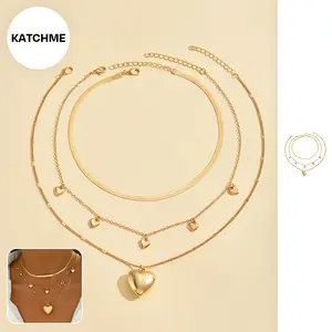 Katch Me Women's Luxurious Heart-Shaped Gold Plated Stacking Necklace, Elegant Clavicle Chain Jewelry for Everyday, Personality Accessory Gift