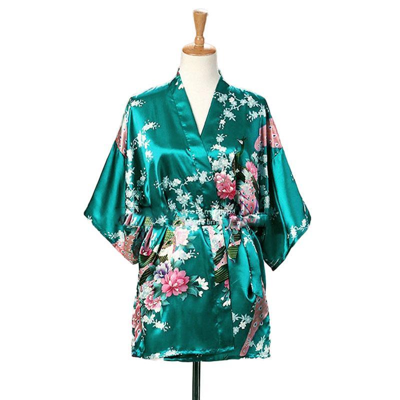 Lace Up Woman Peacock Print Japanese Kimono Yukata Silk Satin Short Style Sleepwear Home Nightgown Bath Robe Costume
