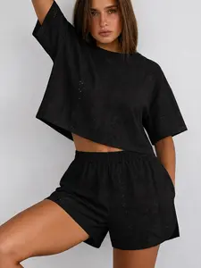 Women's Cute Eyelet Embroidery Pajama Set, Lightweight Short Sleeve Top and Split Shorts Outfit, Soft Breathable Summer Loungewear Set for Vacation, Beach, Home & Casual Outings，Pastel Cute Pajamas