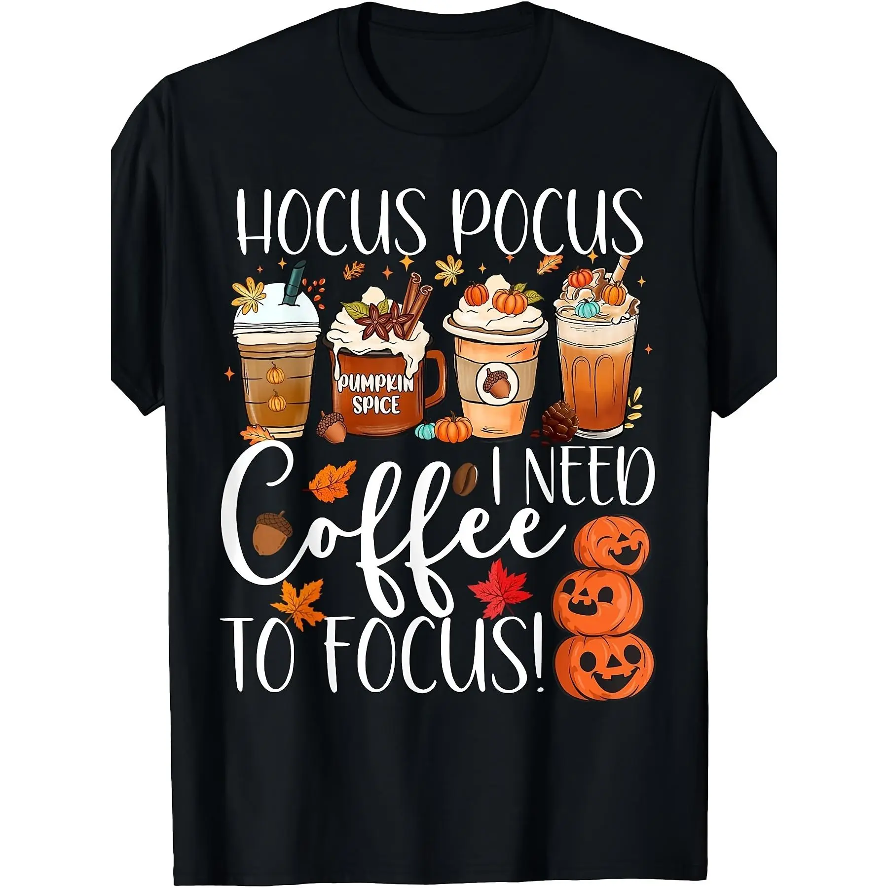 Cute Hocus Pocus I Need Coffee to Focus Fall Pumpkin Teacher TShirtRetro Casual Crew Neck Printed T-Shirt