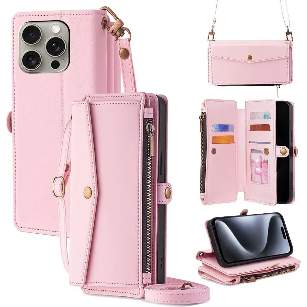 TPU+PU Leather Full Wrap Zipper Wallet Flip Phone Case for iPhone 12-17 Series, Side Snap Multi-Card Holder Protective Cover with Wrist Strap, Shockproof Folio Purse