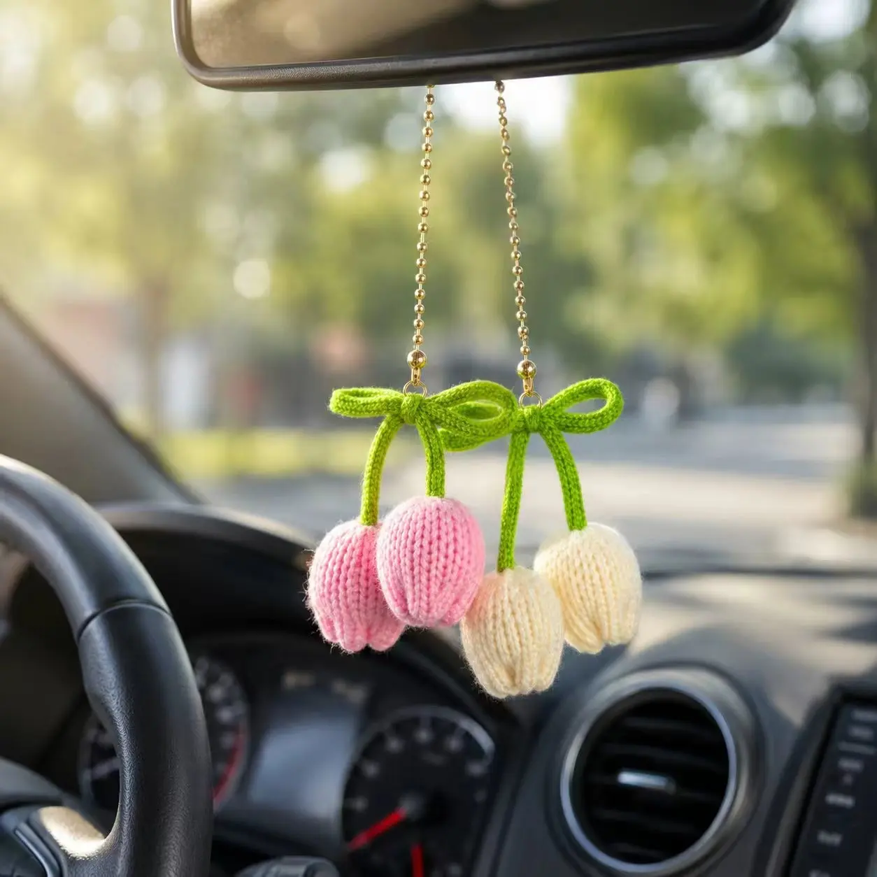 Tulip Car Hanging Ornament, Handmade Plant Crochet, Rear View Mirror Decor, Flower Car Interior Pendant, Unisex Accessory