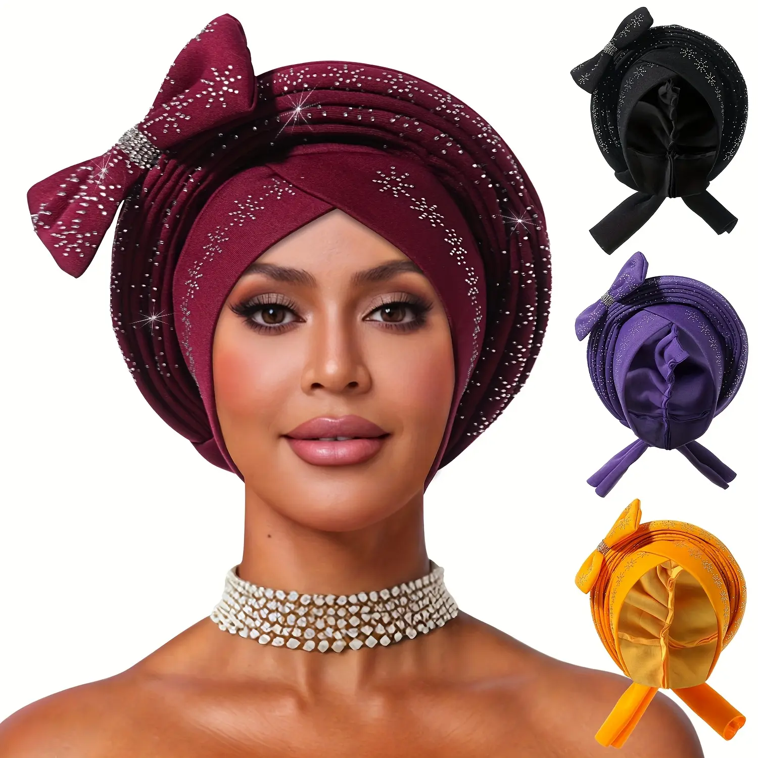 Women's Premium Hot Diamond Bow Hair Cap, Removable Space Layer Laminated Headscarf Cap, Heavy Industry Thermal Shower Cap